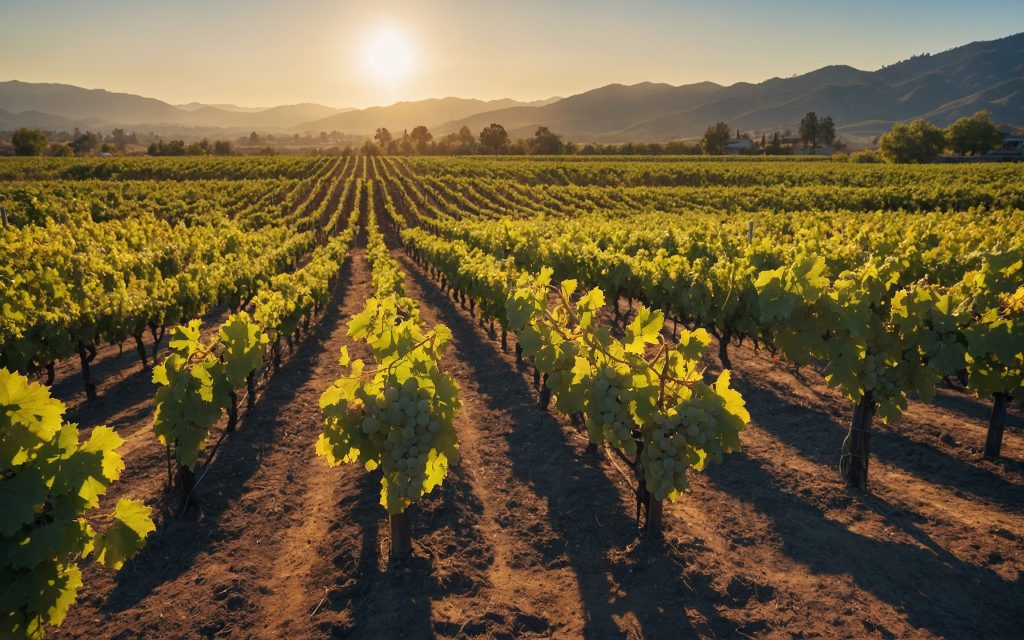 Vineyard,rows,at,sunset,with,colorful,sky.